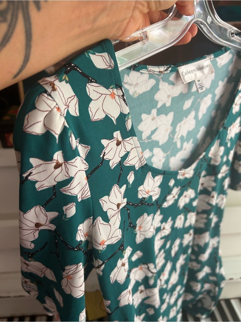 Catherine Malandrino Teal Floral Scoop Neck Short Sleeve Stretch Knit Top S